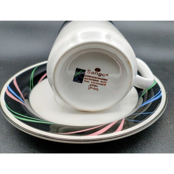 Vintage 80s Joan Luntz Sango Escapade Cup and Saucer set of 4 black pink blue - Picture 7 of 7